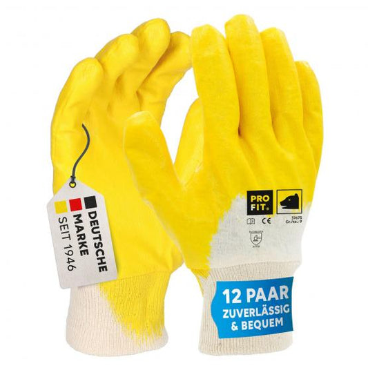 12 Paar Nitril Handschuhe, "Mega lite", gelb, 3/4 getaucht, Strickbund