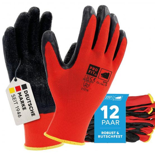 12 Paar Latex Handschuh, "Super", rot/schwarz, Strickbund