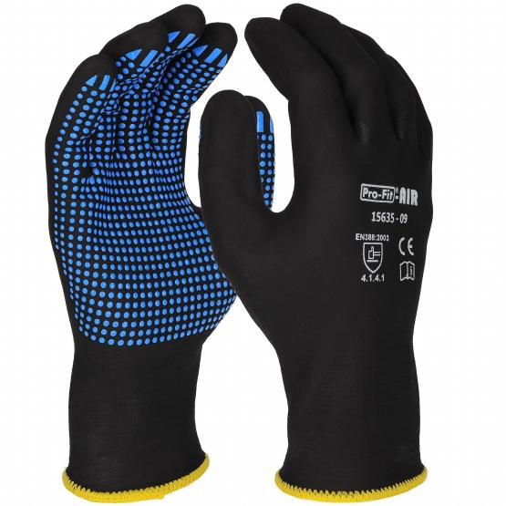 12 Paar Nitril Handschuhe, "Air", schwarz/blau, vollgetaucht, Noppen