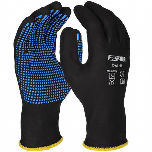 12 Paar Nitril Handschuhe, "Air", schwarz/blau, vollgetaucht, Noppen